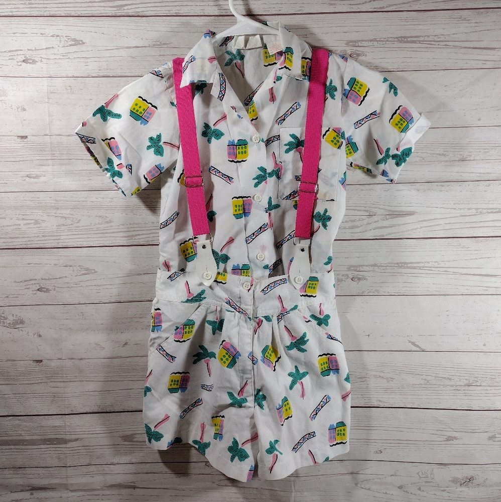 80s Overall Suspender Shorts outfit tropical